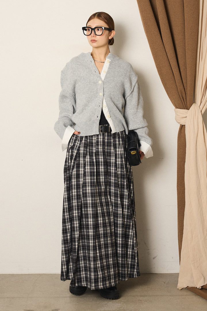 [SET]シャツドッキングニットカーディガン+ベルト付きタータンチェックプリーツスカート(2set)