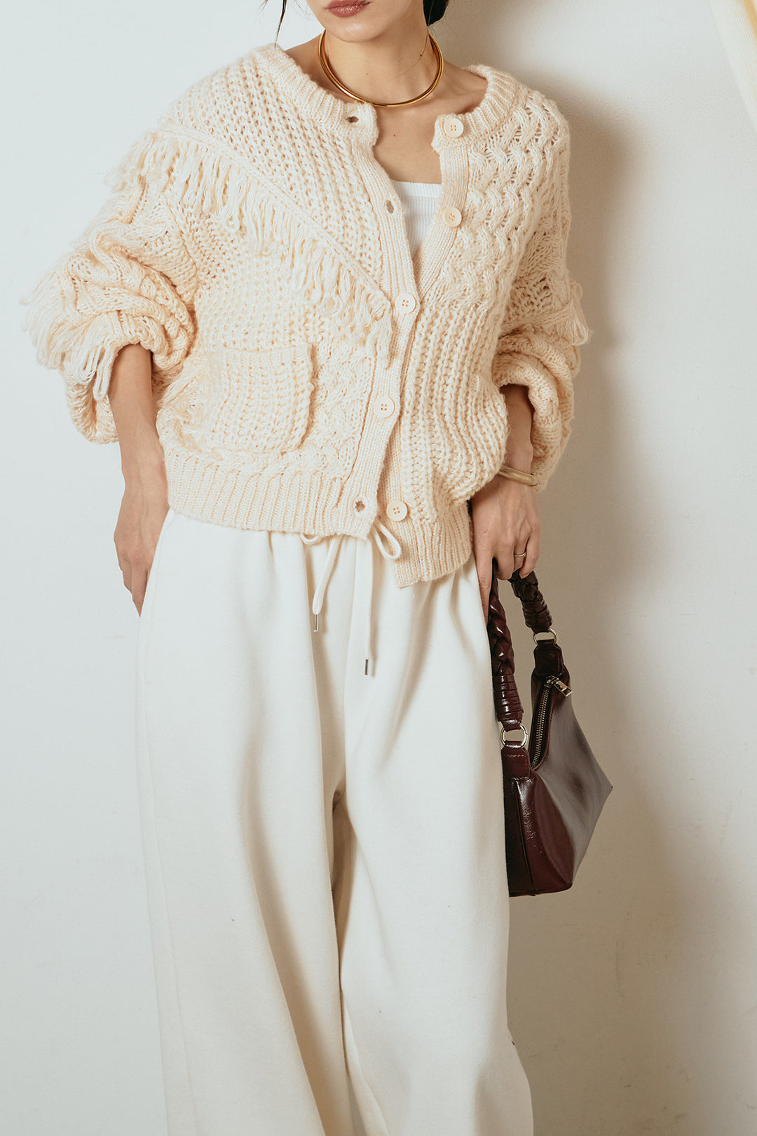 [SET]ランダムフリンジニットカーディガン+裏起毛スウェットワイドパンツ(2set)