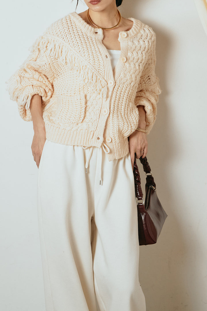 [SET]ランダムフリンジニットカーディガン+裏起毛スウェットワイドパンツ(2set)