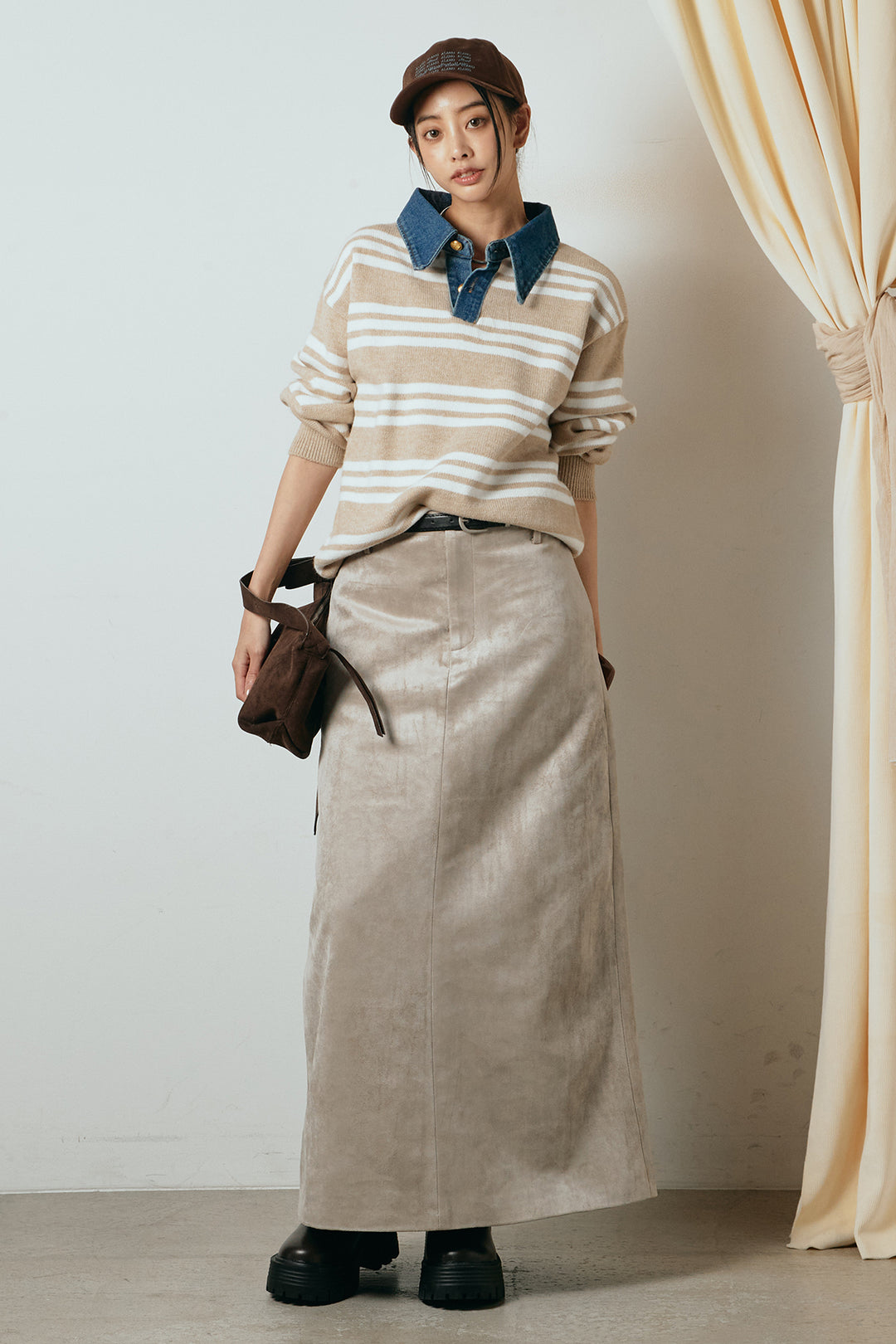 [SET]デニムレイヤード風ランダムボーダーニットプルオーバー+エコスウェードワイドスカート(2set)