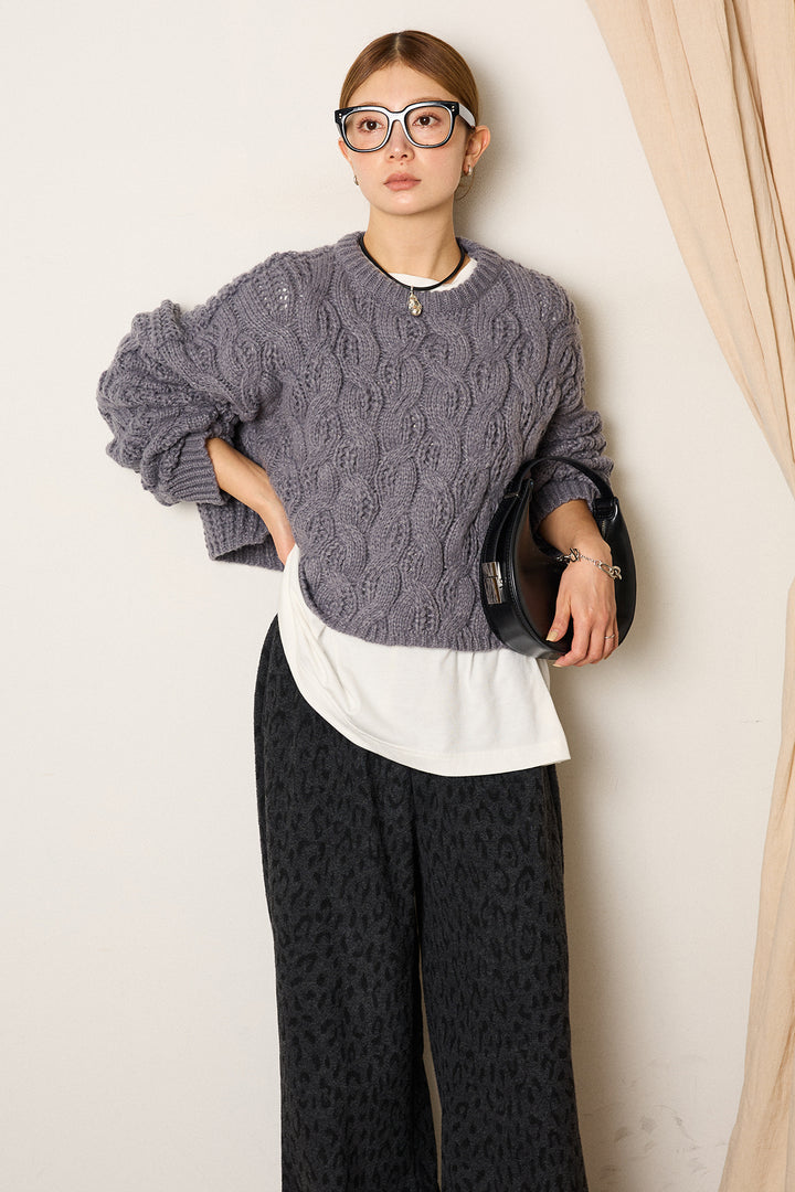 [SET]ケーブルリラックスショートニット+箔プリントBIGシルエットロングスリーブTシャツ+レオパードジャガードニットパンツ(3set)
