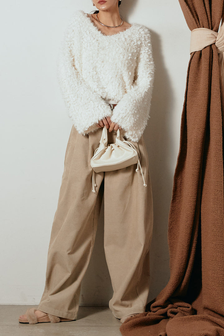 [SET]深Vネックチョウチョヤーンニットトップス+フロントタック入りコーデュロイパンツ(2set)