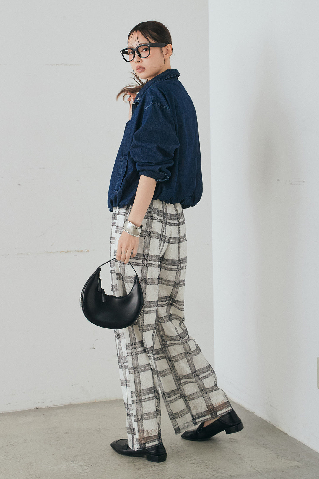 [SET]スタンドカラーデニムブルゾンジャケット+レースチェックワイドイージーパンツ(2set)