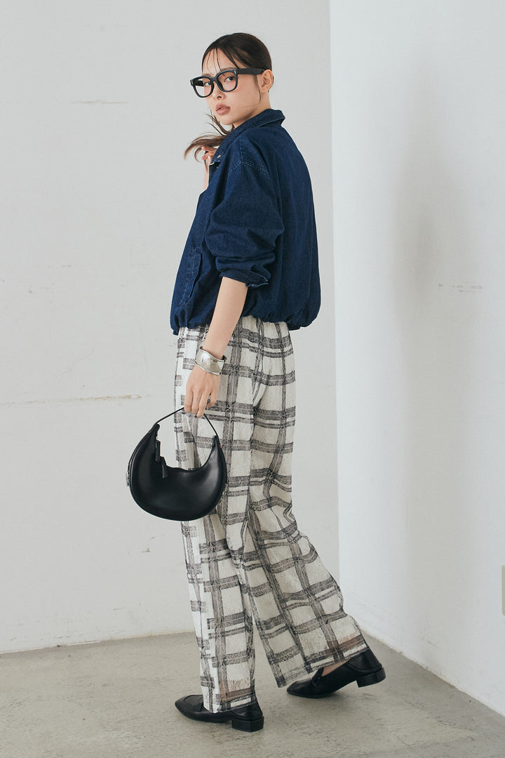 [SET]スタンドカラーデニムブルゾンジャケット+レースチェックワイドイージーパンツ(2set)