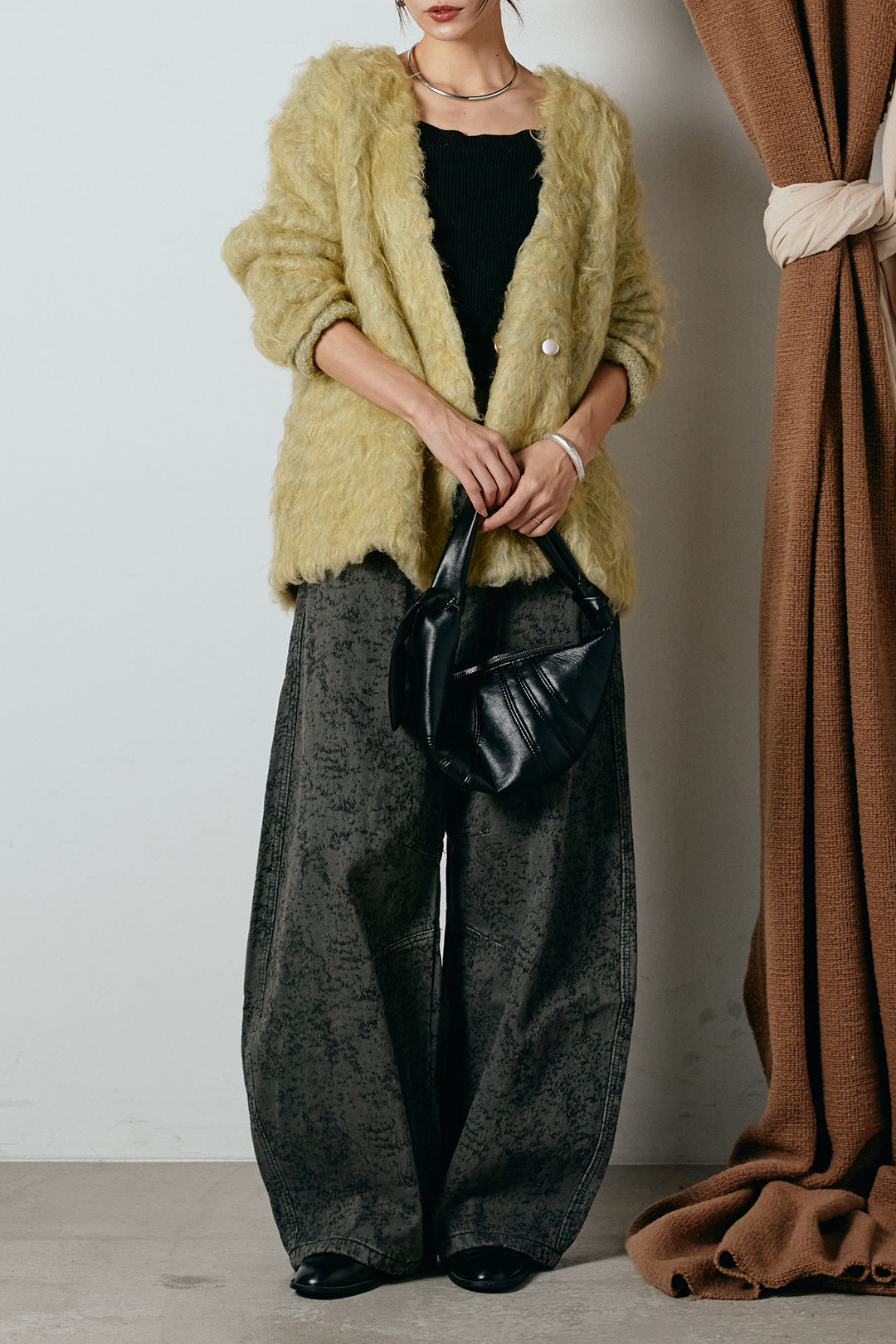 [SET]ウェーブシャギーニットジャケット+ベルト付きニュアンス柄カーブワイドパンツ(2set)