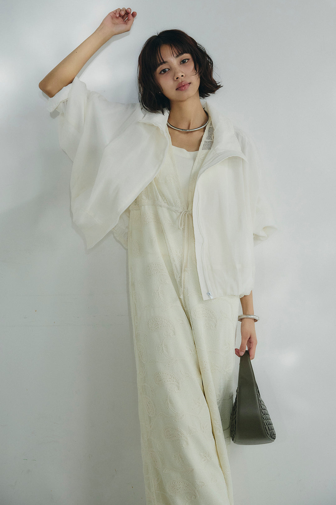 [SET]スタンドネックシアーブルゾン+レースサロペット(2set)