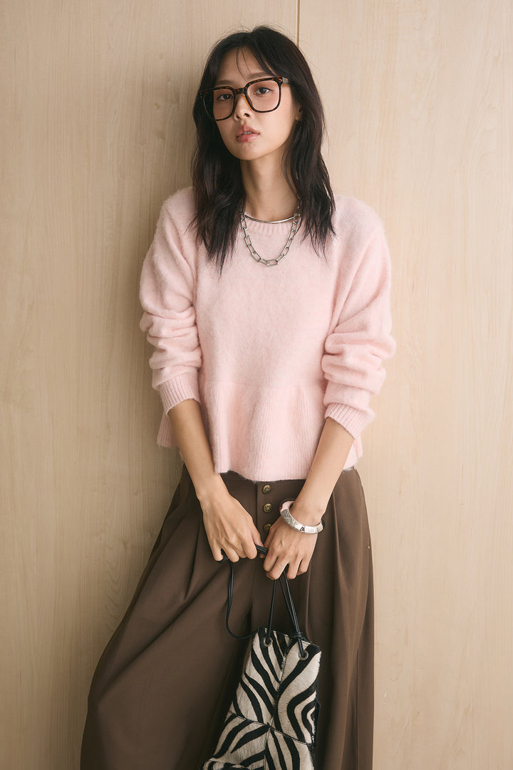 [SET]モヘアぺプラムクルーネックプルオーバー+ファイブボタンツータックワイドパンツ(2set)