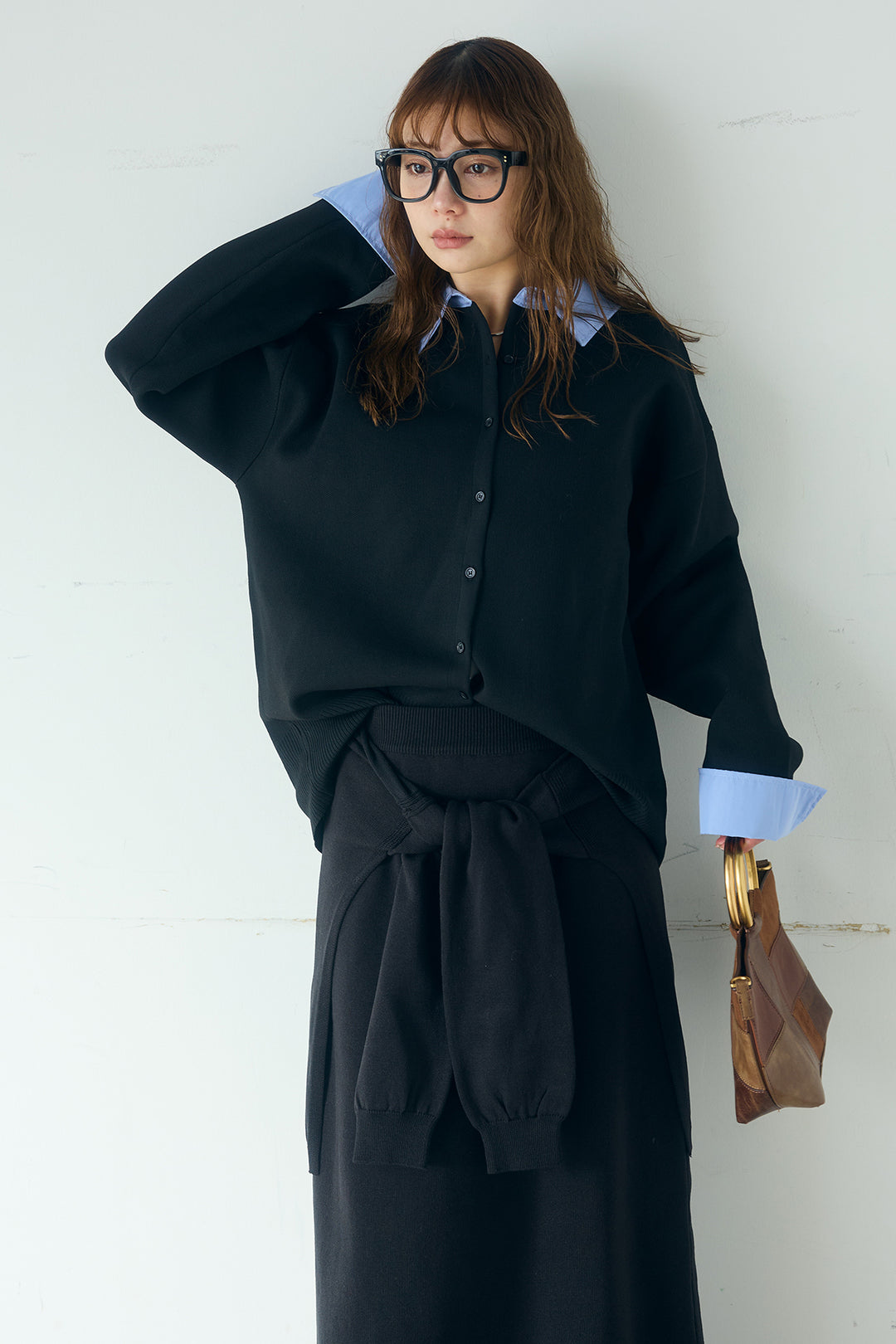 [SET]シャツレイヤード風カーディガン+レイヤードニット巻きスカート(2set)