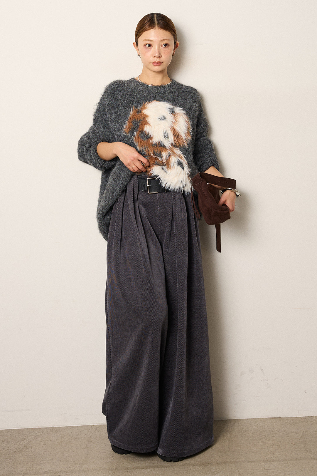 [SET]シャギーニュアンスアニマルニット+ベルトループコーデュロイワイドパンツ(2set)