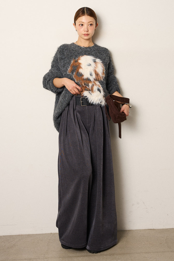 [SET]シャギーニュアンスアニマルニット+ベルトループコーデュロイワイドパンツ(2set)