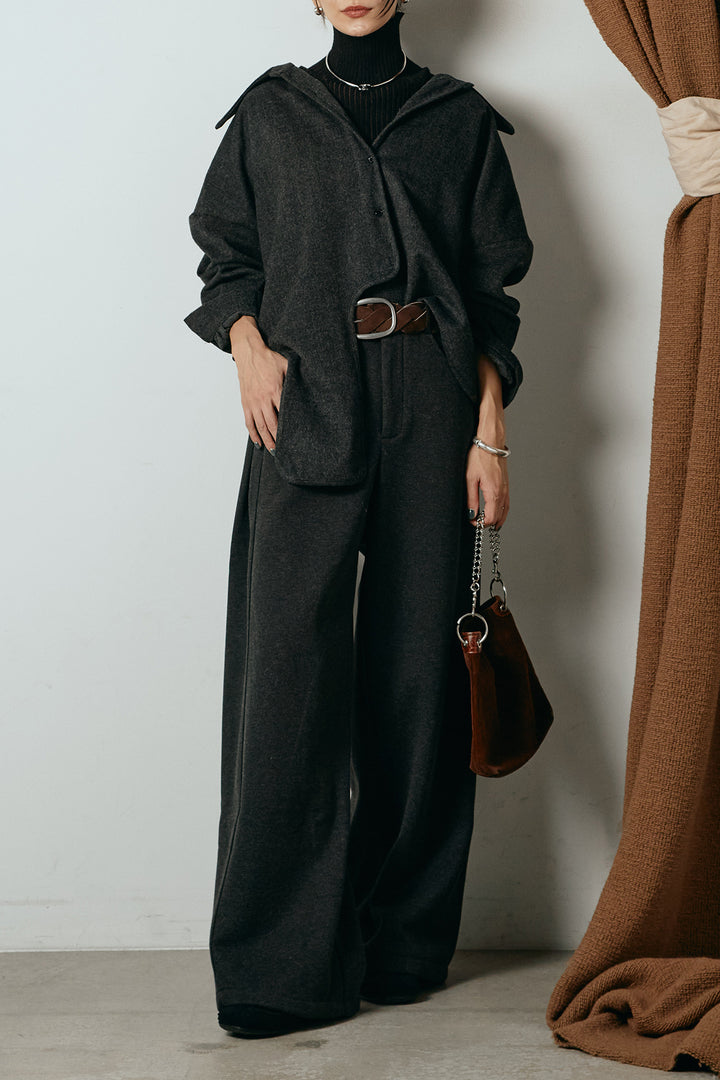 [SET]裾アシンメトリーデザインシャツ+編みベルト付きワイドパンツ+リブニットシームレスタートルプルオーバー(3set)