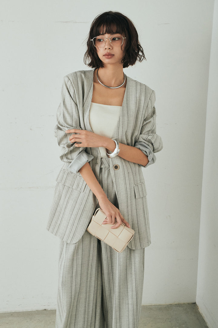 [SET]ノーカラーピンストライプジャケット+ピンストライプワイドスラックス(2set)