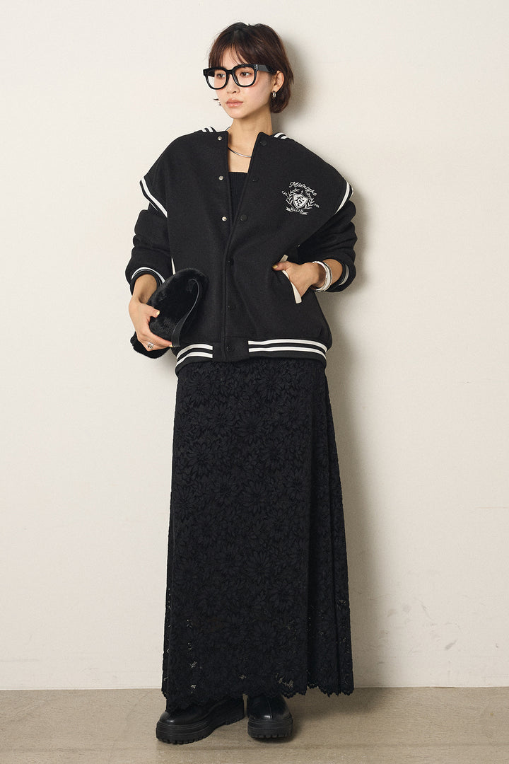 [SET]ワンポイントデザインブルゾン+花柄刺繍ベロアフレアスカート(2set)