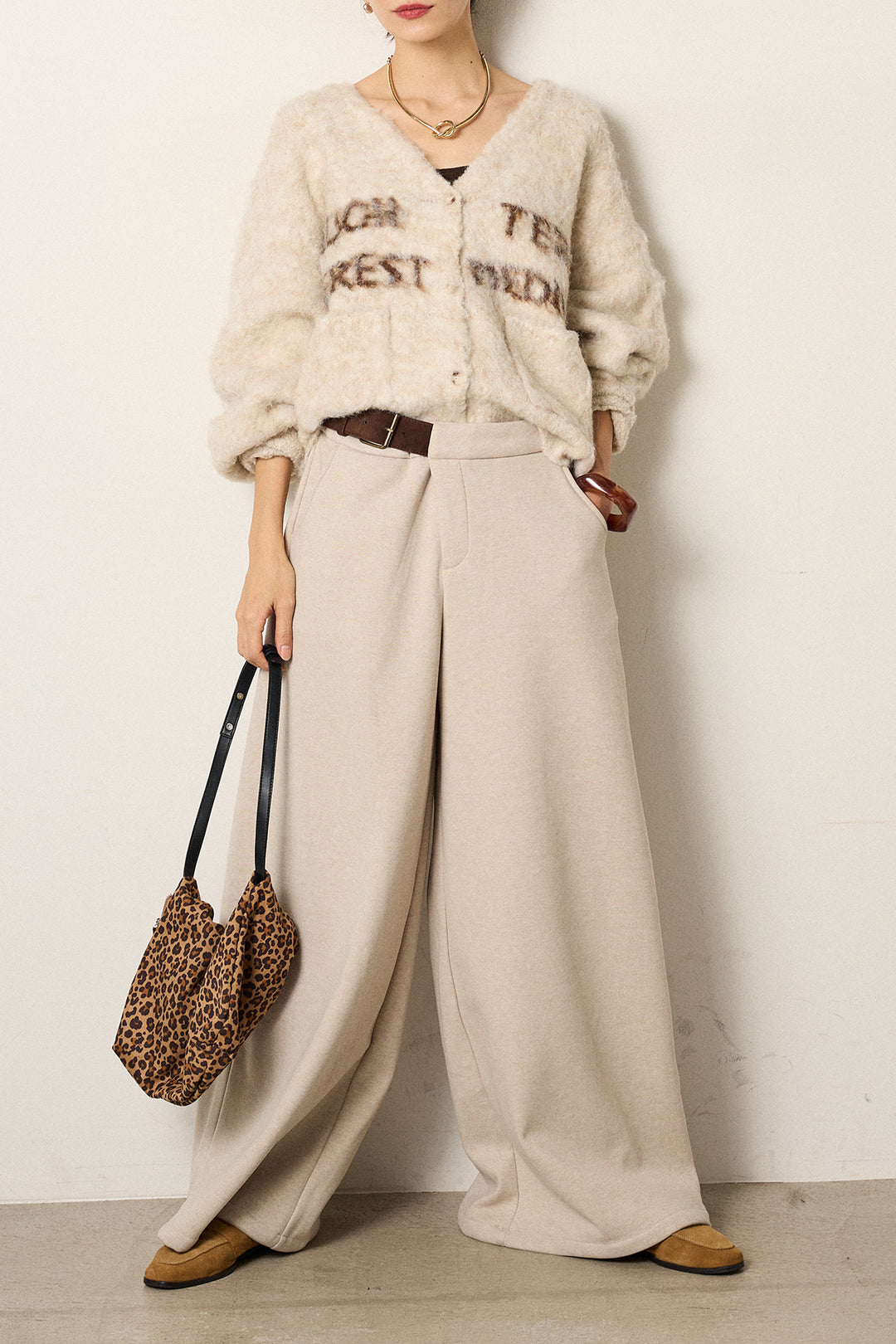 [SET]ウール混透かしロゴニットカーディガン+サイドベルトパンツ(2set)