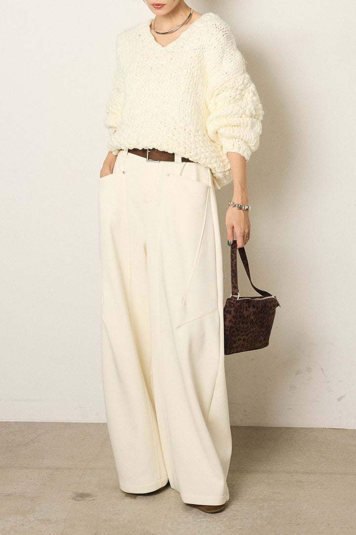 [SET]Vネックハンド編みニットトップス+太ベルト付きスウェットワイドカーブパンツ(2set)
