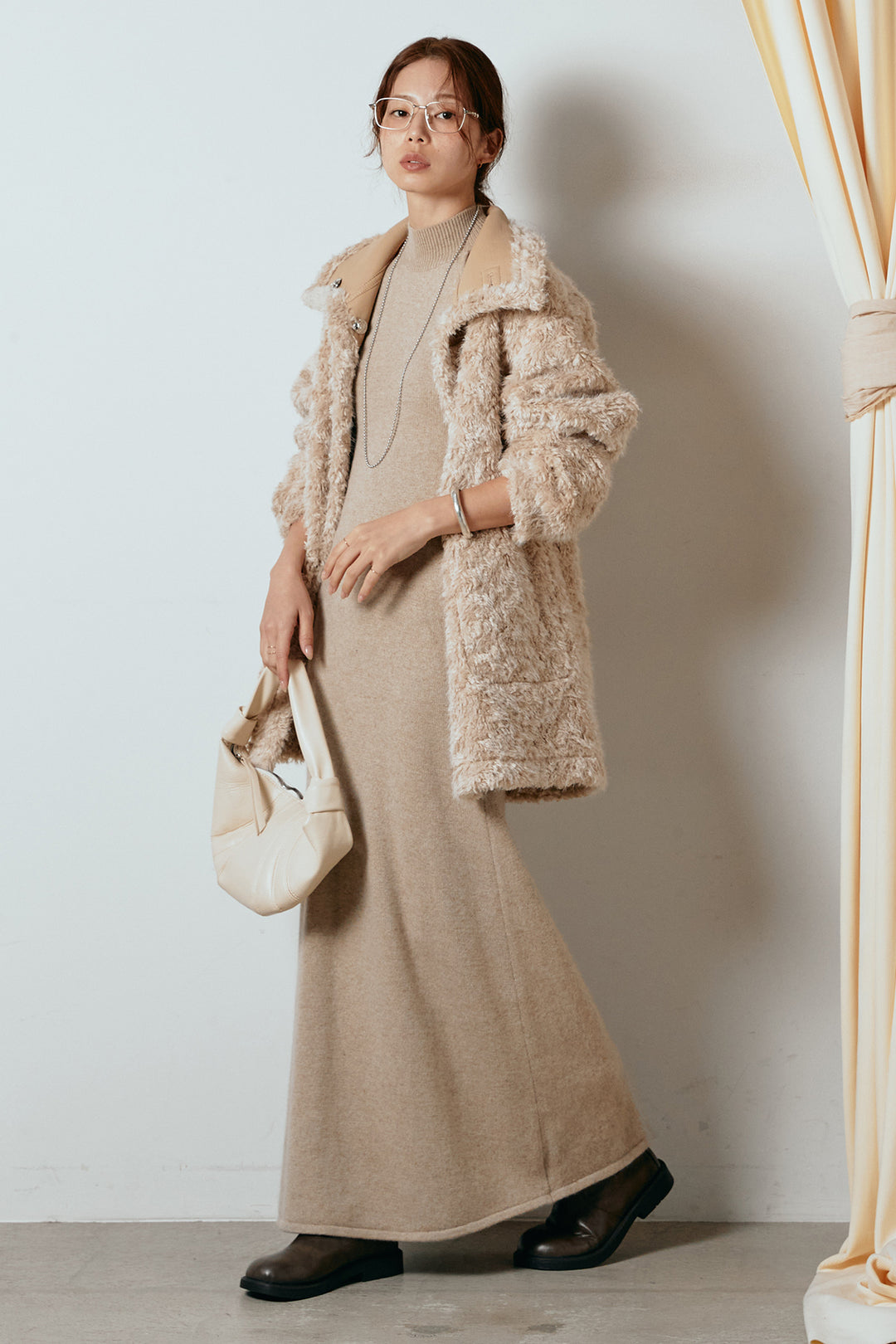 [SET]リバーシブルボアアウター+ノースリーブニットロングワンピース(2set)