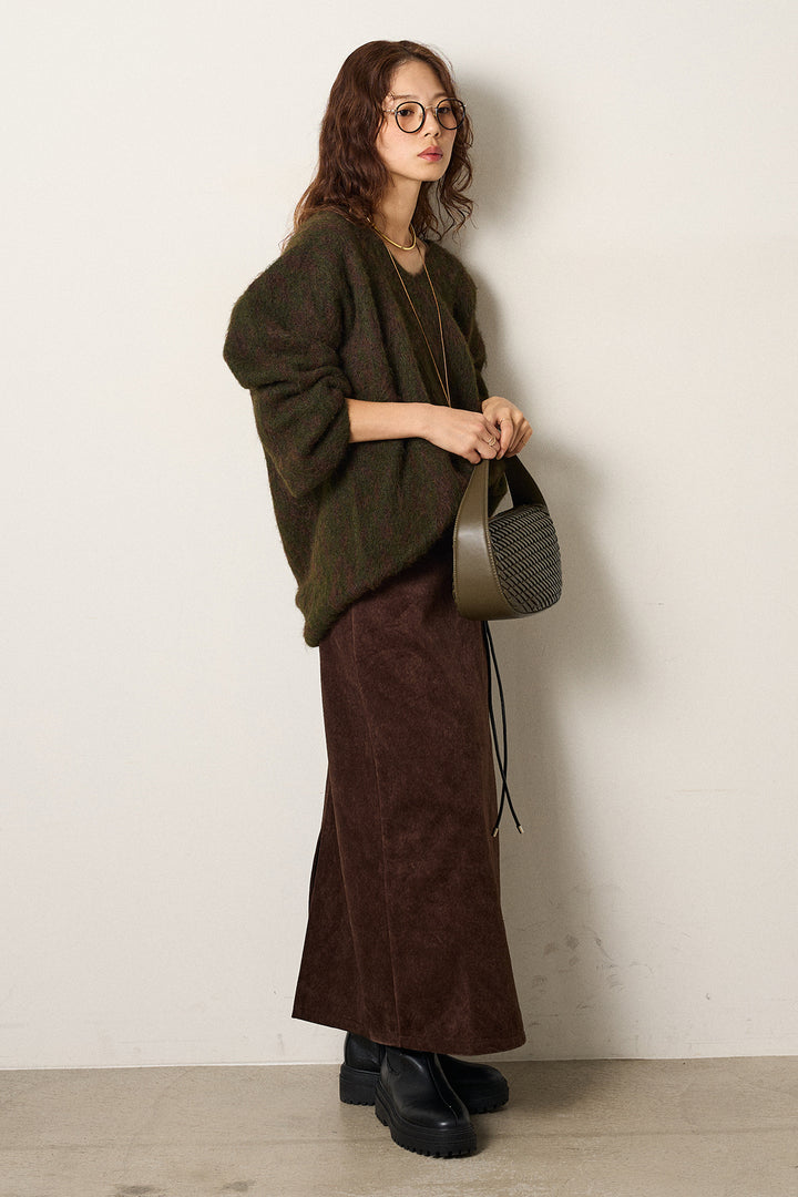 [SET]フラッフィーレオパードシャギーニット+ロープベルト付きスウェード調スカート(2set)