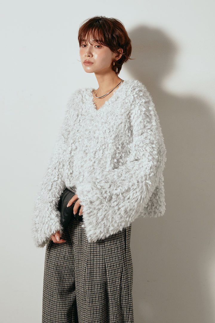 [SET]深Vネックチョウチョヤーンニットトップス+ガンクラブチェックタックパンツ(2set)