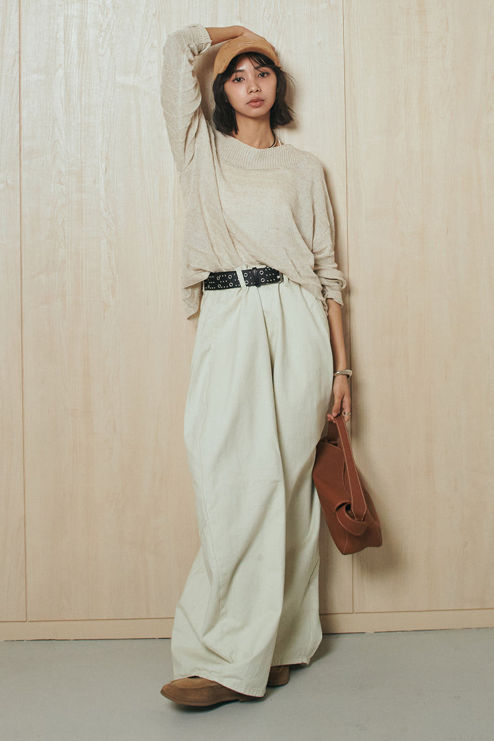 [SET]麻混リラックスニットトップス+ベルト付きカラーデニムパンツ(2set)