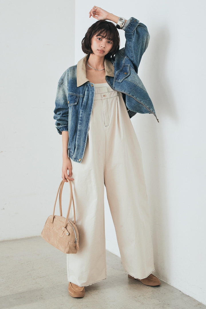 [SET]襟切り替えジップデニムジャケット+綿ツイルアシメサロペット(2set)