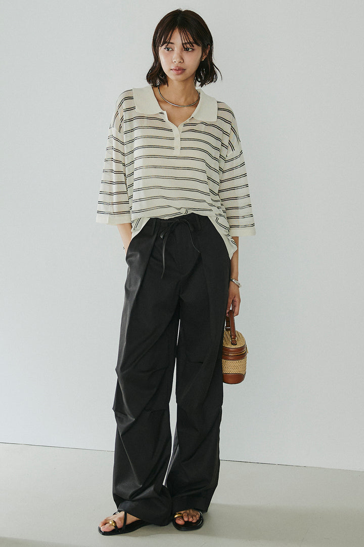 [SET]ボーダーニットポロシャツ+ニーサイドタックウエストドロスパンツ(2set)