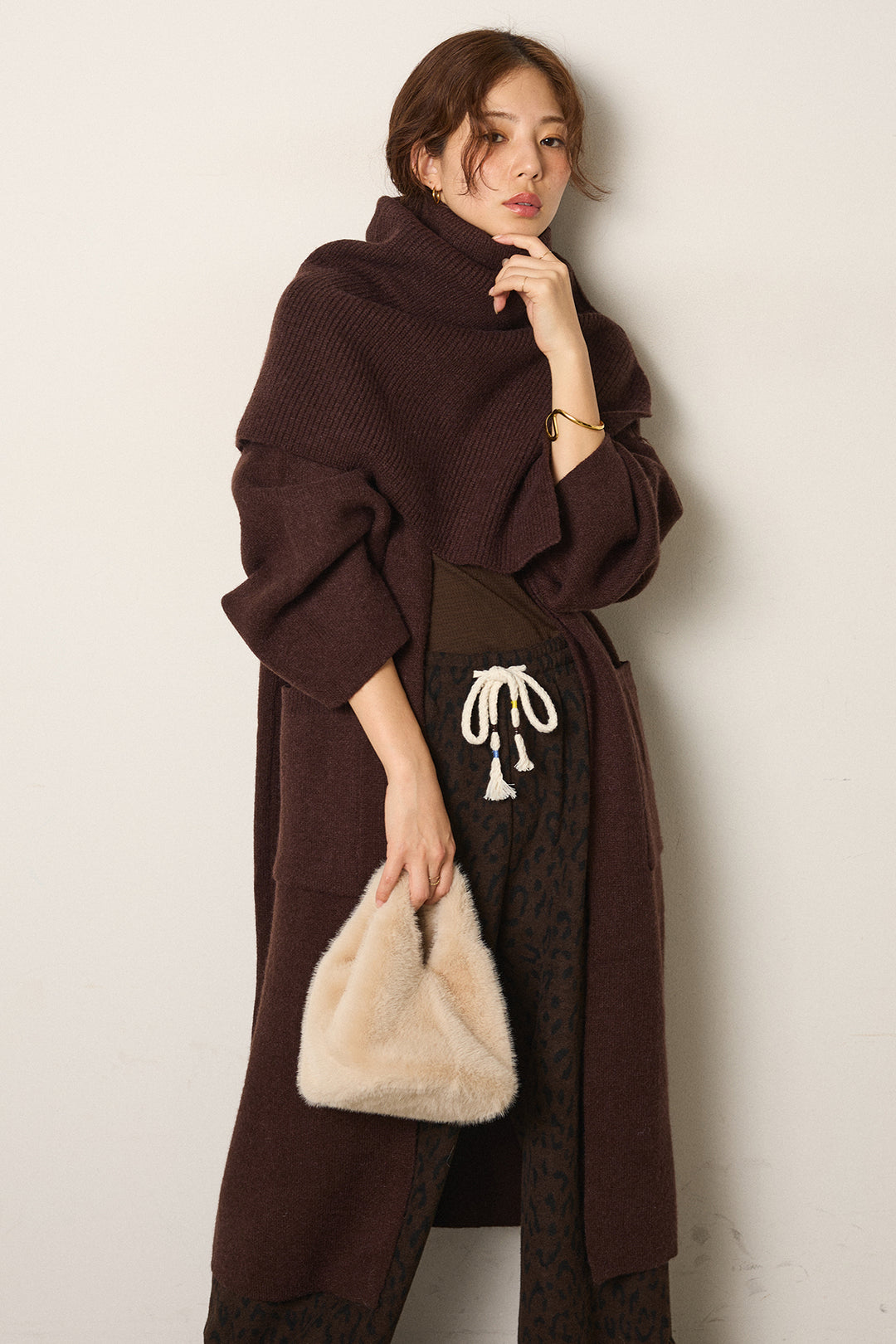 [SET]ケープレイヤードロングカーディガン+レオパードジャガードニットパンツ(2set)