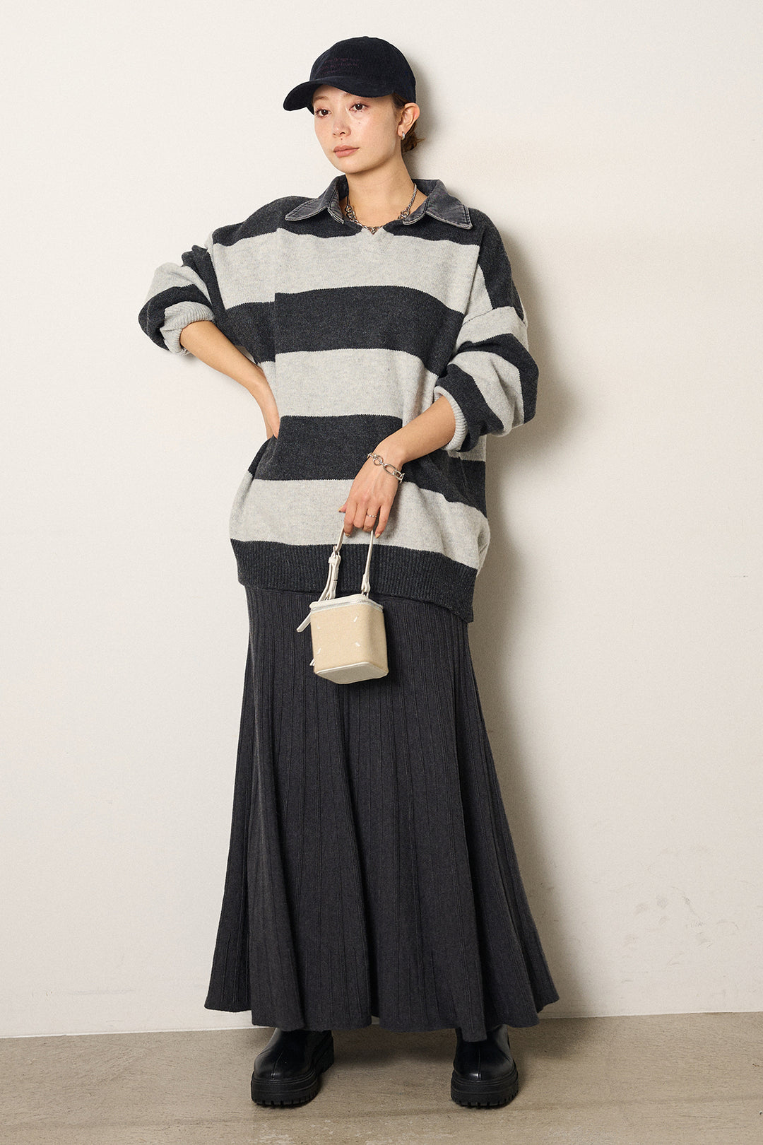 [SET]デニムカラーボーダールーズニット+編み地切り替えフレアニットスカート(2set)