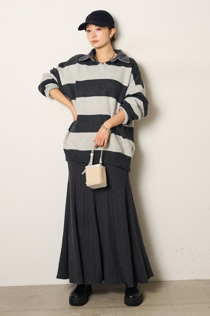 [SET]デニムカラーボーダールーズニット+編み地切り替えフレアニットスカート(2set)