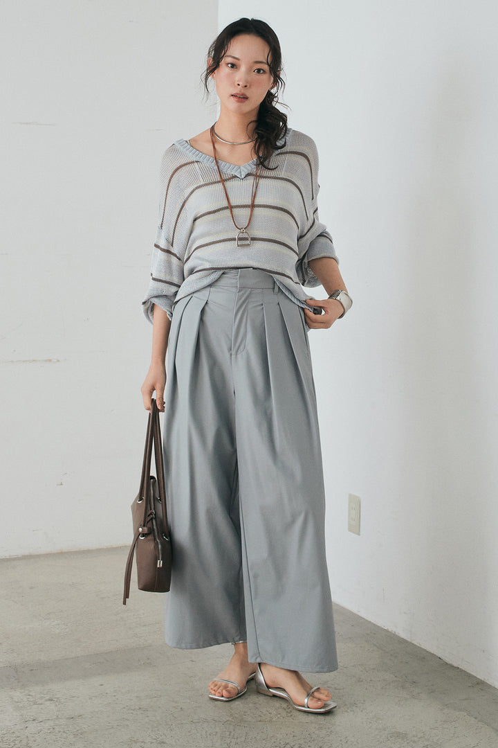 [SET]綿タッチVネックボーダートップス+ウォッシャブルエコレザータックパンツ(2set)