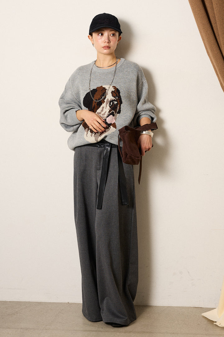 [SET]アニマルジャガード柄ニットトップス+巻ベルトウエストレザーライクワイドパンツ(2set)