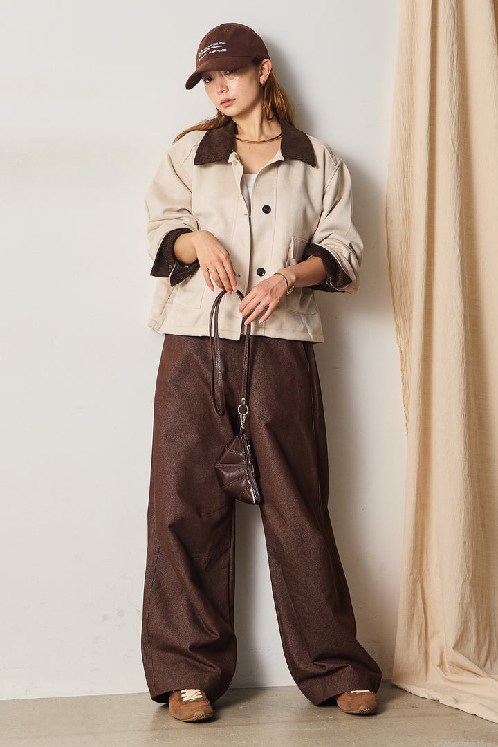 [SET]襟コーデュロイスウェードジャケット+デザインワイドデニムパンツ(2set)