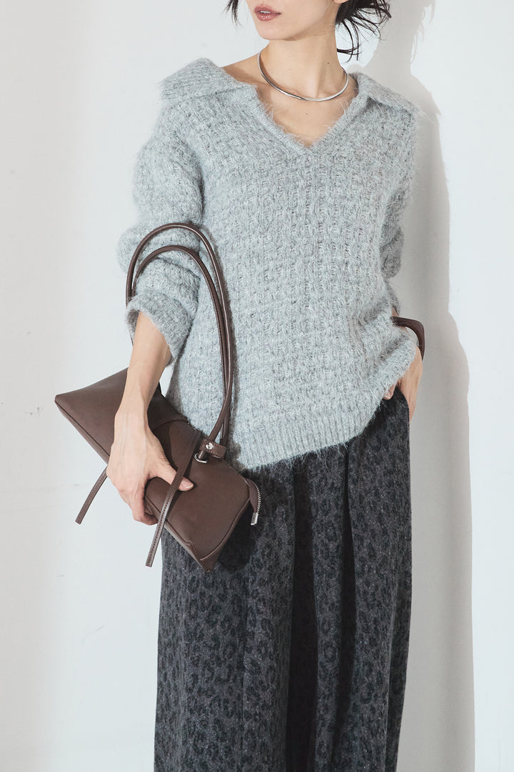 [SET]襟付きVネックニットトップス+リラックスレオパード柄ワイドパンツ(2set)