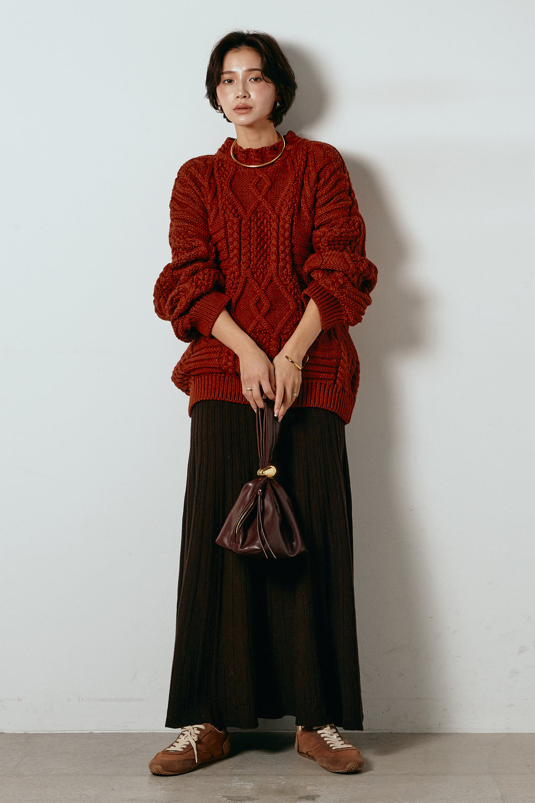 [SET]アラン柄ミックスケーブルニット+編み地切り替えフレアニットスカート(2set)