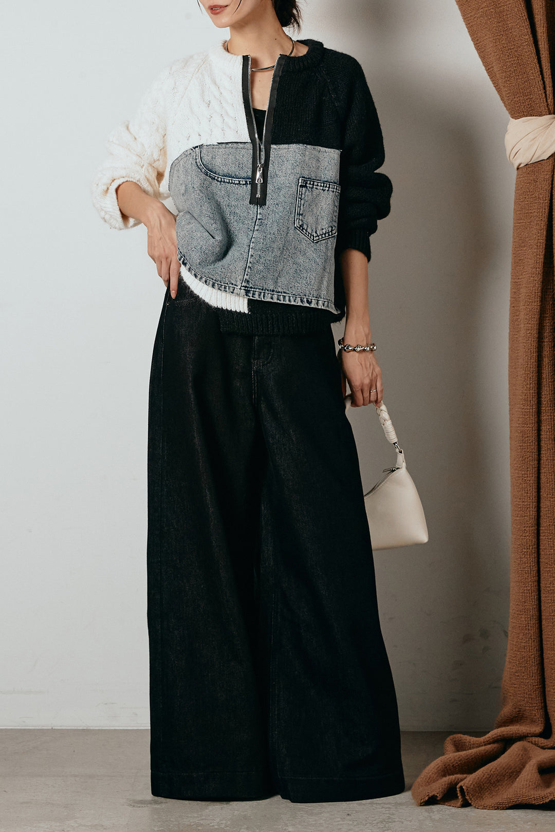 [SET]ハーフジップニットデニムドッキングトップス+ウエストダブルボタンワイドデニムパンツ(2set)