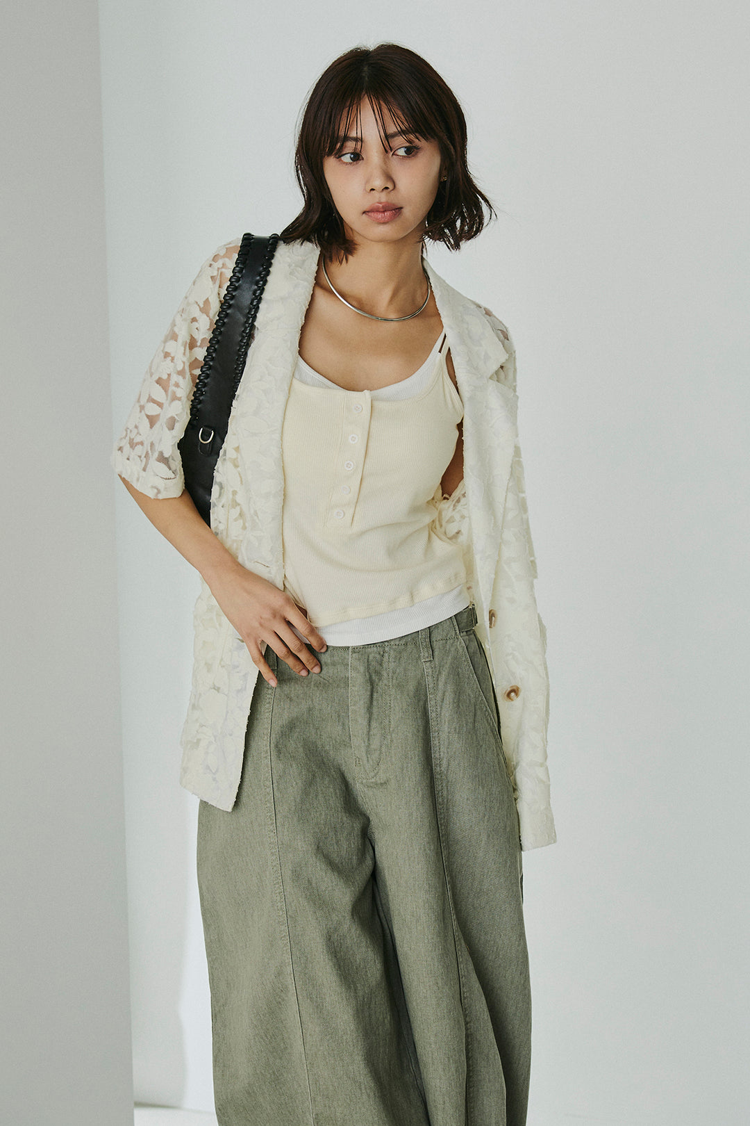 [SET]シアージャガードハーフスリーブテーラードジャケット+サイドベルトカーブワイドパンツ(2set)