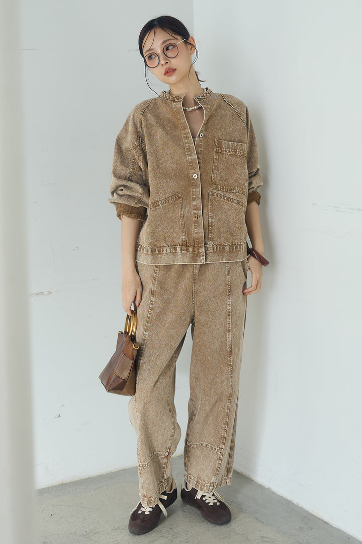 [SET]カラーデニムケミカル加工ノーカラーブルゾン+カラーデニムケミカル加工コクーンパンツ(2set)