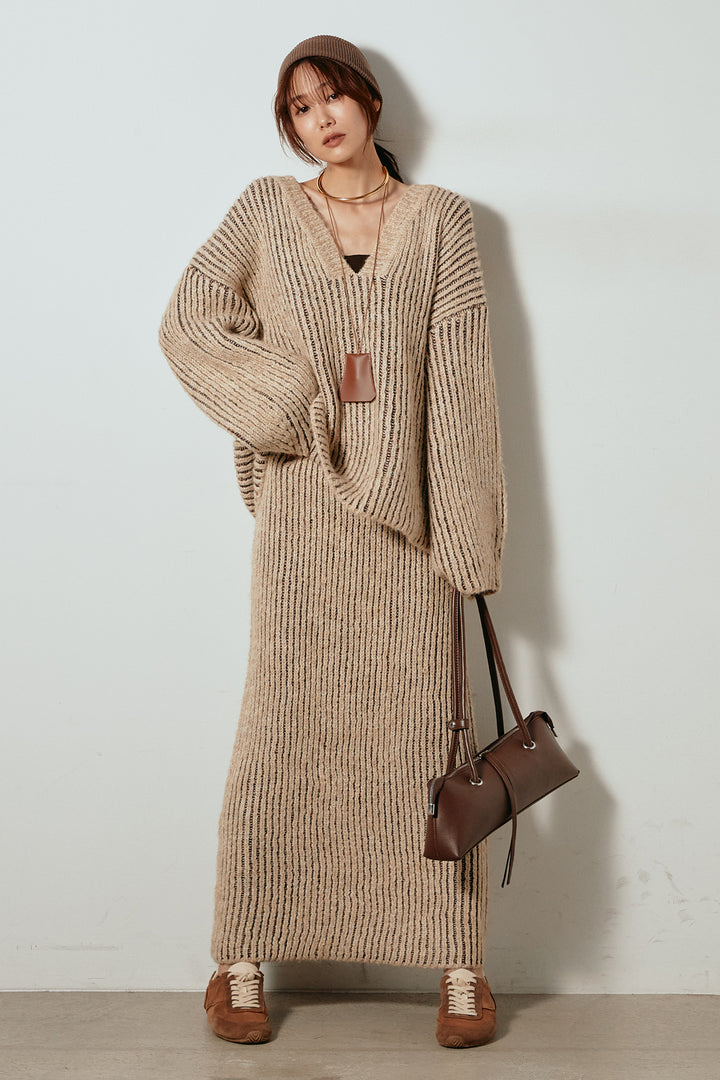 [SET]アルパカタッチ深Vニットトップス+アルパカタッチニットタイトスカート(2set)