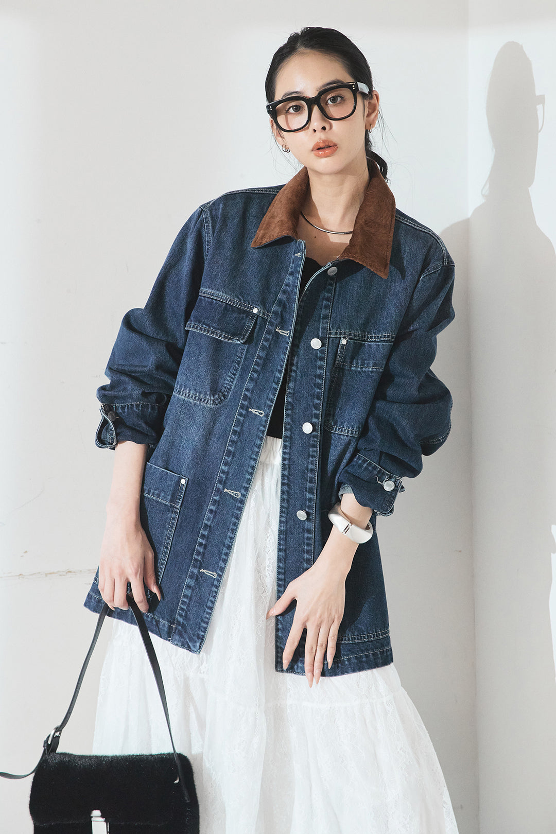 [SET]襟コーデュロイデニムカバーオール+ひげレース切替ロング丈スカート(2set)