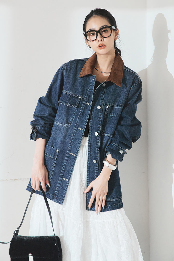 [SET]襟コーデュロイデニムカバーオール+ひげレース切替ロング丈スカート(2set)