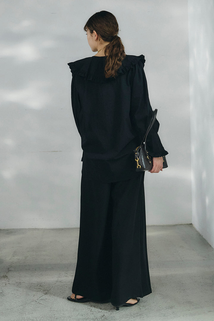 [SET]コットンフリルブラウス+ベルト付きタックデザインハイウエストロングパンツ(2set)