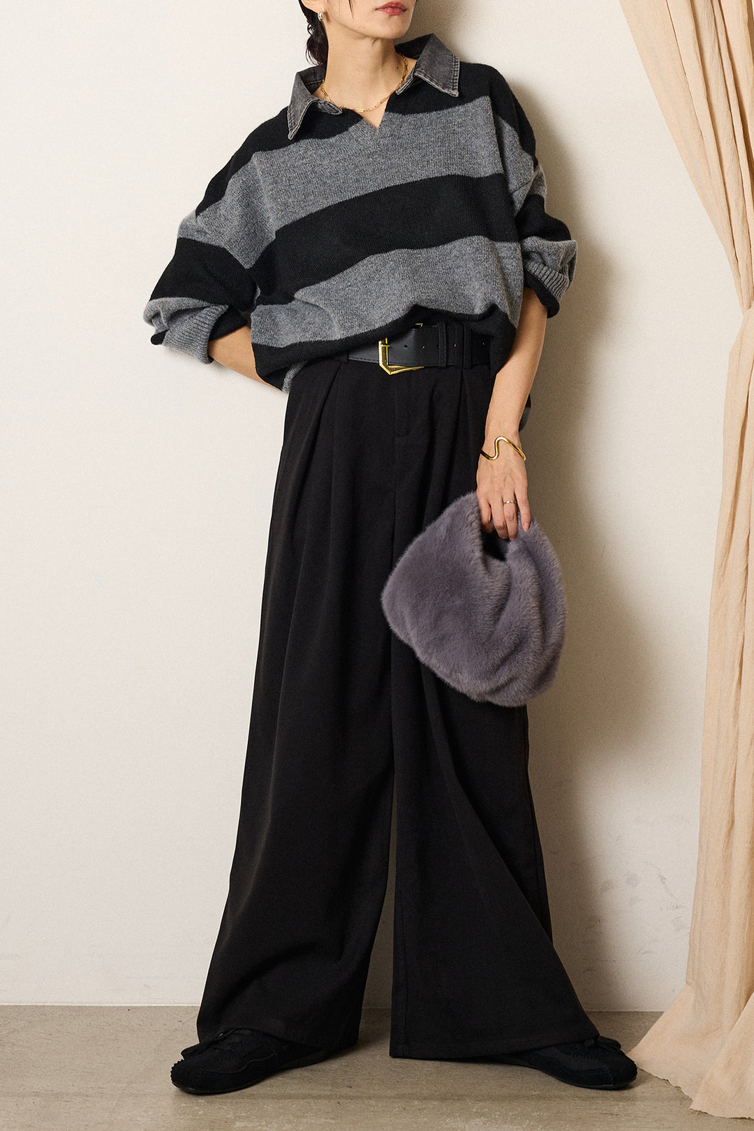 [SET]デニムカラーボーダールーズニット+ゴールドバックル太ベルト付きワイドパンツ(2set)