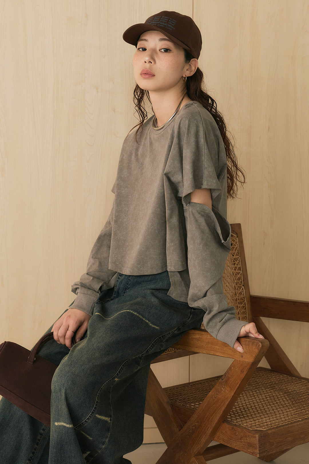 [SET]セパレートフェードTシャツ+ランダムダメージデニムワイドパンツ(2set)