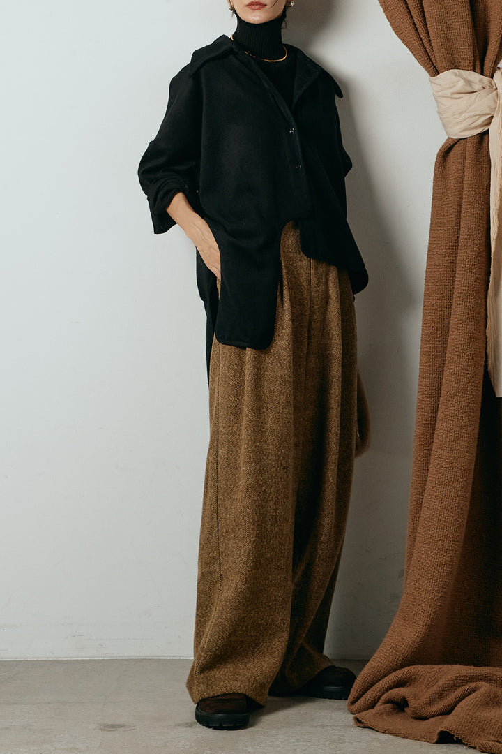 [SET]裾アシンメトリーデザインシャツ+タックツイードワイドパンツ+リブニットシームレスタートルプルオーバー(3set)