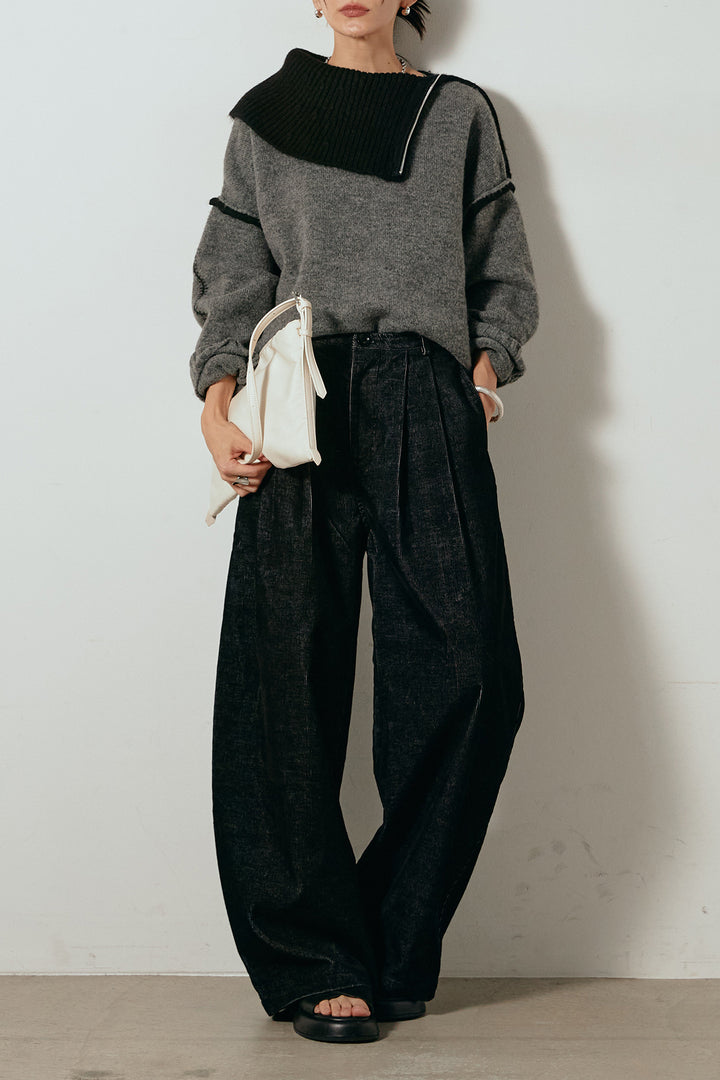 [SET]ハイネックジップデザインニットトップス+フロントタック入りコーデュロイパンツ(2set)