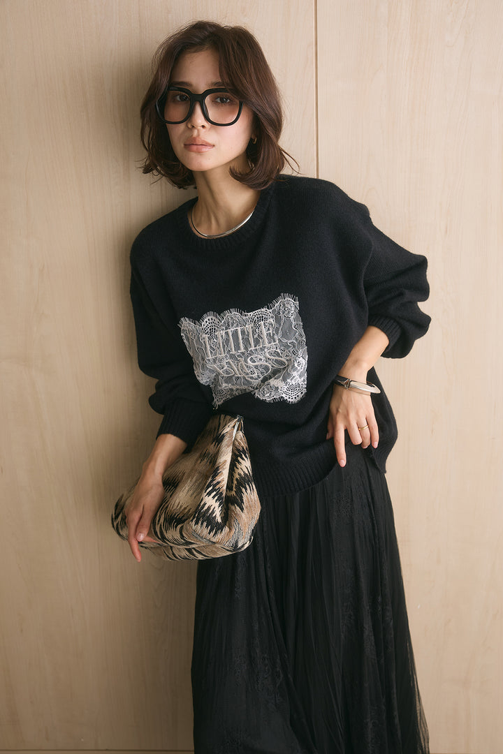 [SET]アルパカタッチ刺繍ロゴプルオーバー+エアリーシアーレースコンビスカート(2set)