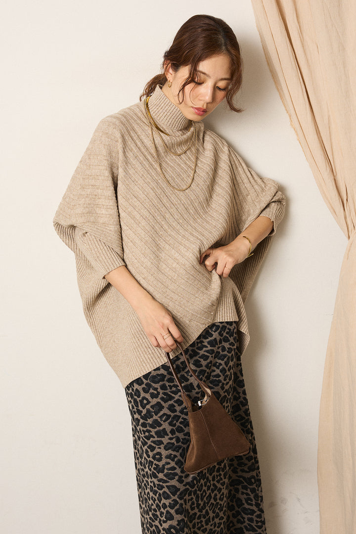 [SET]アシメデザインリブポンチョニットトップス+レオパードロングスカート(2set)