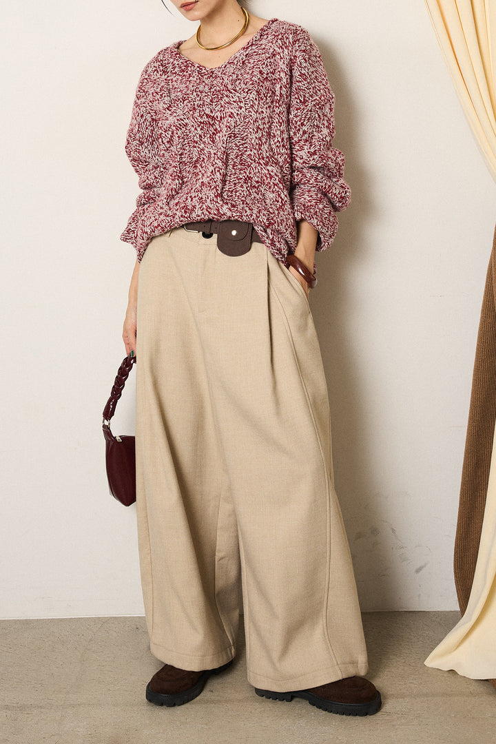 [SET]Vネックミックス編みニットトップス+ポーチベルト付きカーブパンツ(2set)