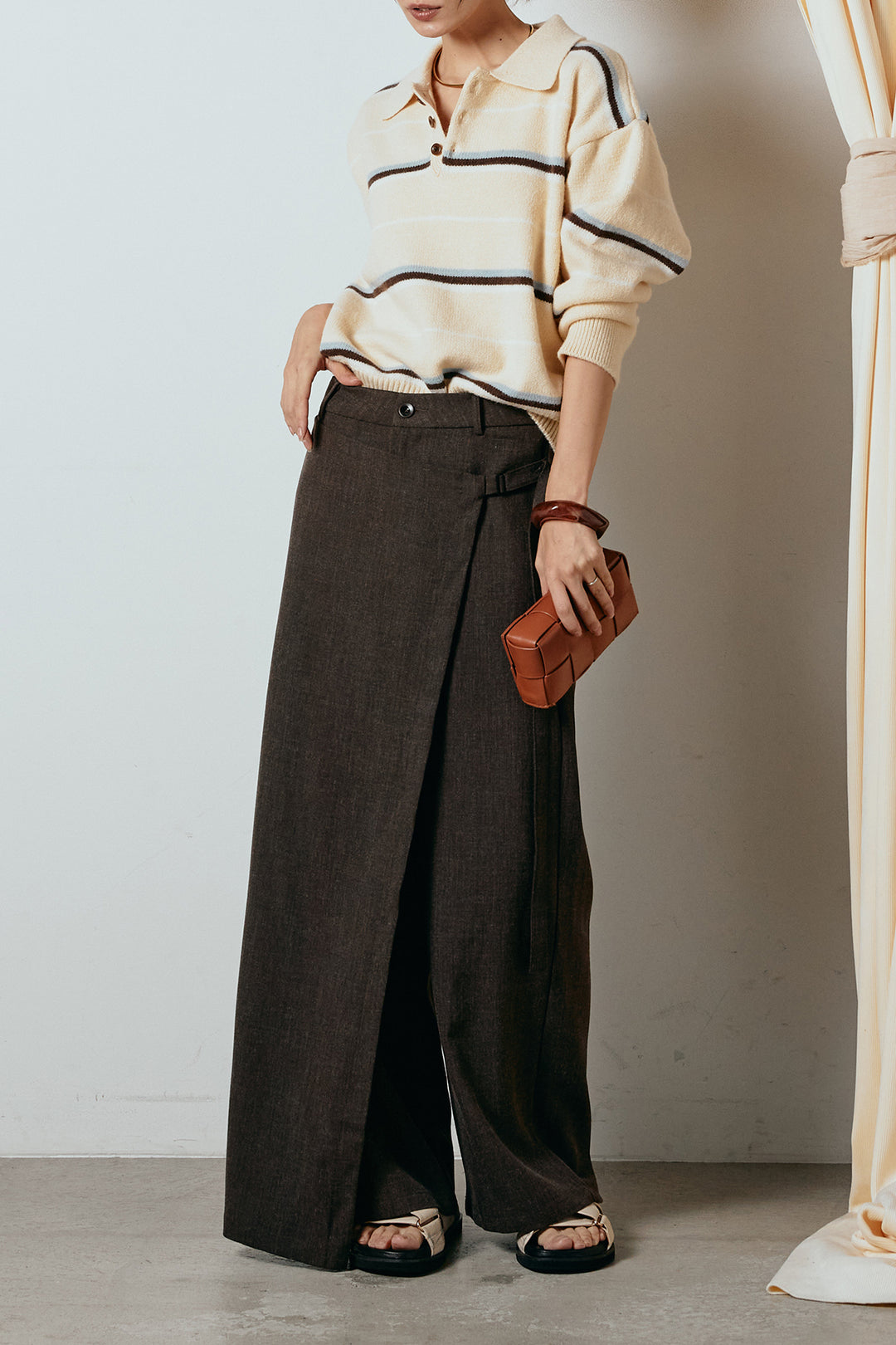 [SET]襟付きマルチボーダーニットポロトップス+ラップ巻きワイドスラックス(2set)
