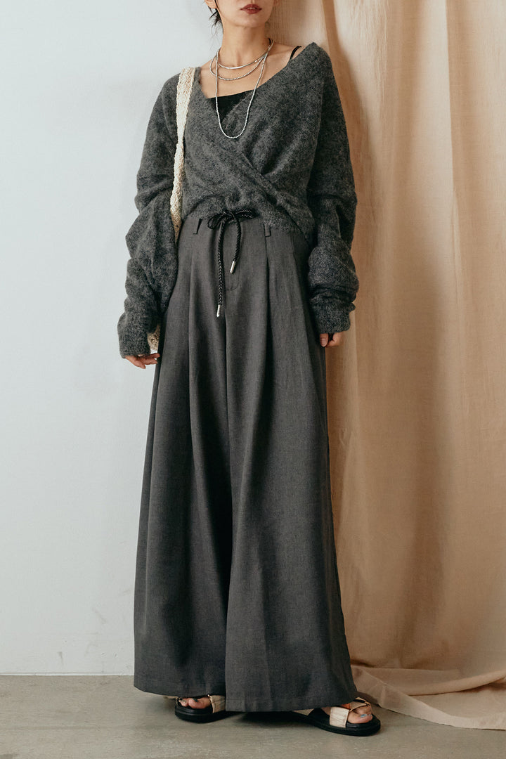 [SET]カシュクールデザインニット+細ベルト付きワイドパンツ(2set)