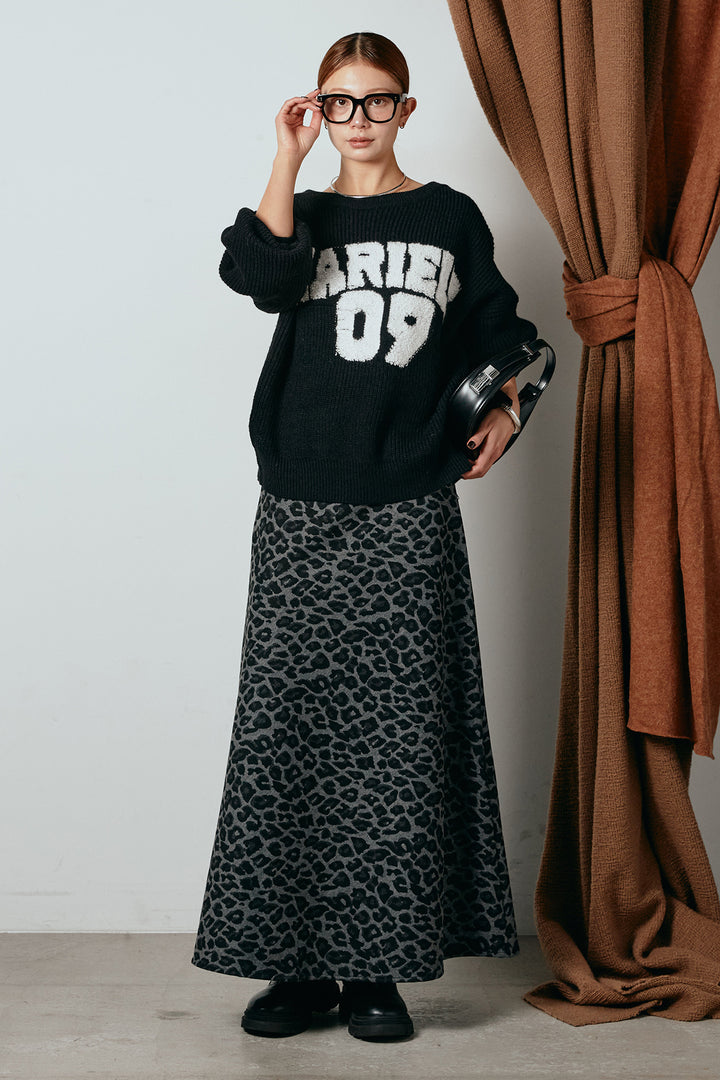 [SET]ロゴジャガードニットトップス+レオパードロングスカート(2set)
